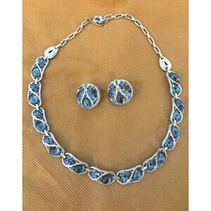 Vintage Blue Rhinestone Necklace & Clip Earrings Set Silver Tone Mid Century EUC